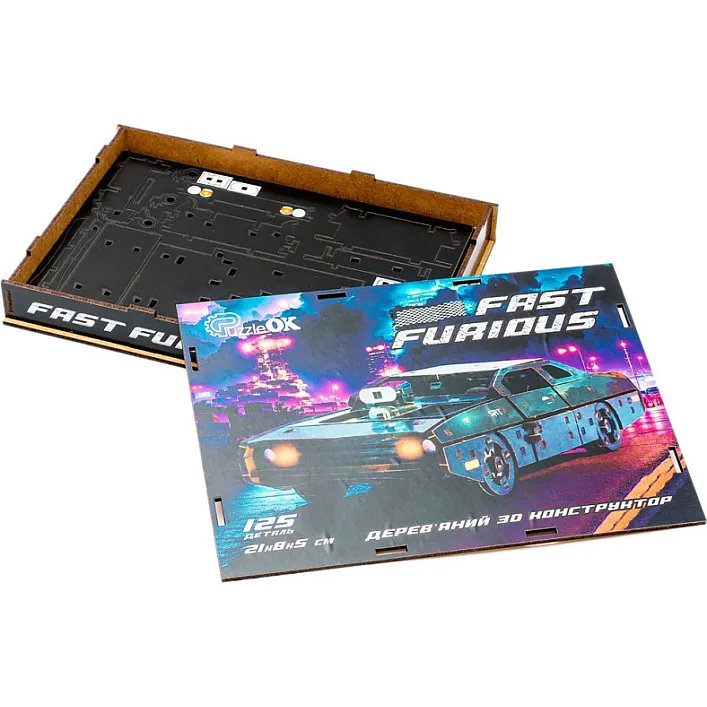 Деревянный 3D конструктор "Fast Furous" Puz-62519 125 дет., черный цвет р. модели 21*8*5 см PuzzleOk (Дер2519)