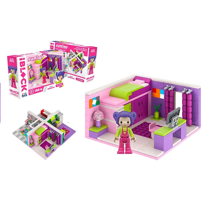 Конструктор Kids hits IBLOCK JUNIOR KH08/001/1 Девочки, Спальня Лили, 184 дет, в комплекте фигуры, инструкция, наклейки, коробка 24*16*6 см (Кон8011)