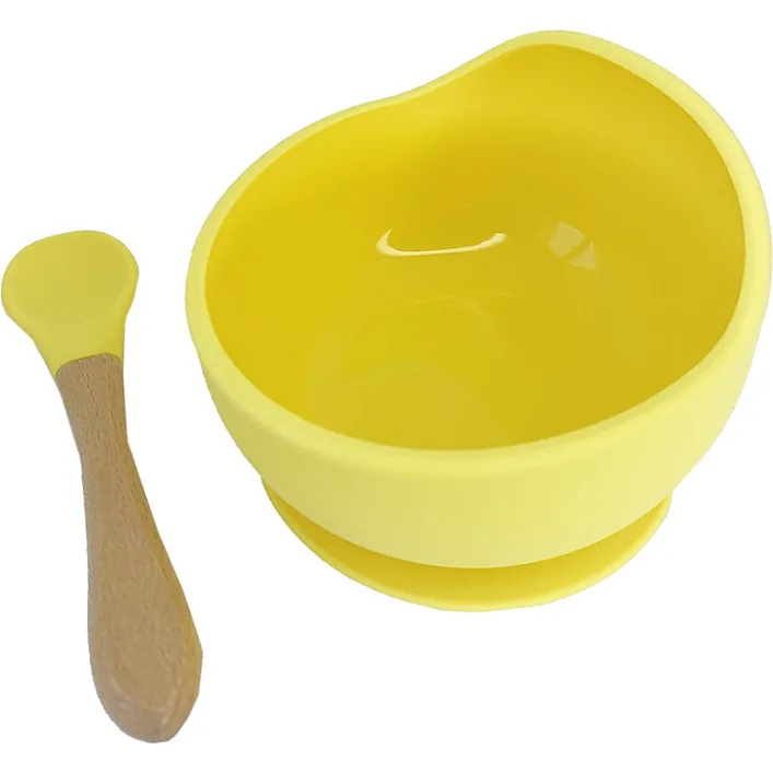 Силиконовая тарелка на присоске с деревянной ложкой MGZ-0103(Yellow) 300 мл