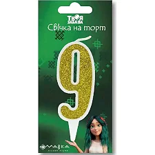 Свічка-цифра "9"21384 "Мавка. Лісова" біла золотий блиск в зеленій упаковці "Твоя Забава" (9 см.) 1шт (Різ4697)