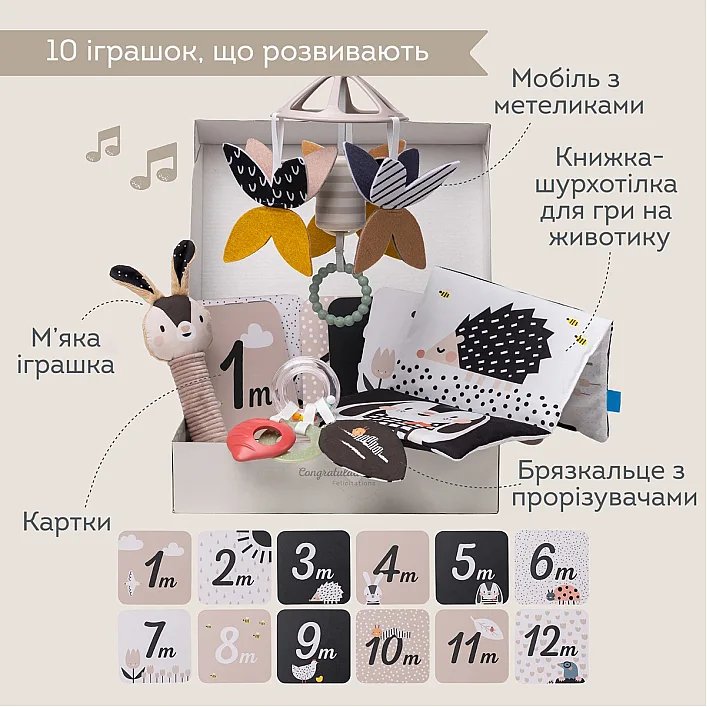 Подарунковий набір іграшок для новонародженого колекції "Садочок у місті" – ЧОРНО-БІЛА ГАРМОНІЯ