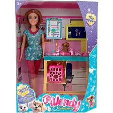 Кукла 73838 (18/2) "Wendy", "Ветврачка", высота 30 см, смотровой стол, переноска, фигурка собачки, аксессуары, в коробке