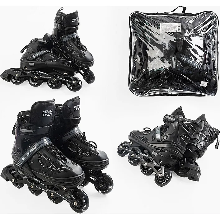 Ролики 92188-L /размер 39-43/ цвет – ЧЕРНЫЙ (6) колеса PU, стелька 24-28 см, ПЕРЕДНЕЕ КОЛЕСО СВЕТ, d – 6.5 см, в сумке