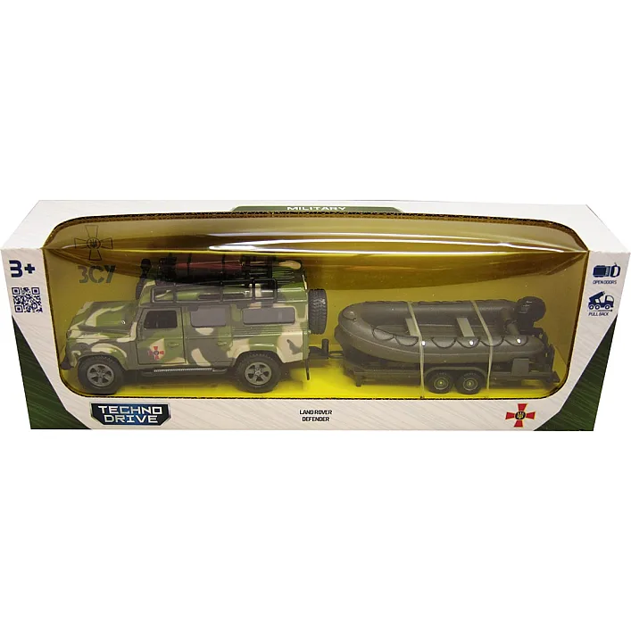 Игровой набор – LAND ROVER DEFENDER МИЛИТАРИ (с лодкой) 520191.270 TechnoDrive (Маш1986)