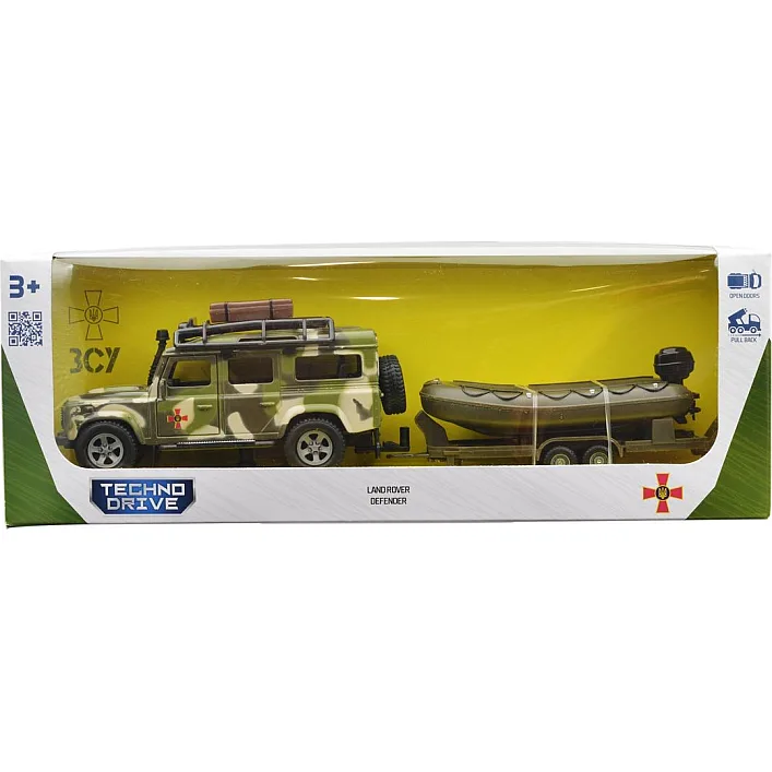 Игровой набор – LAND ROVER DEFENDER МИЛИТАРИ (с лодкой) 520191.270 TechnoDrive (Маш1986)