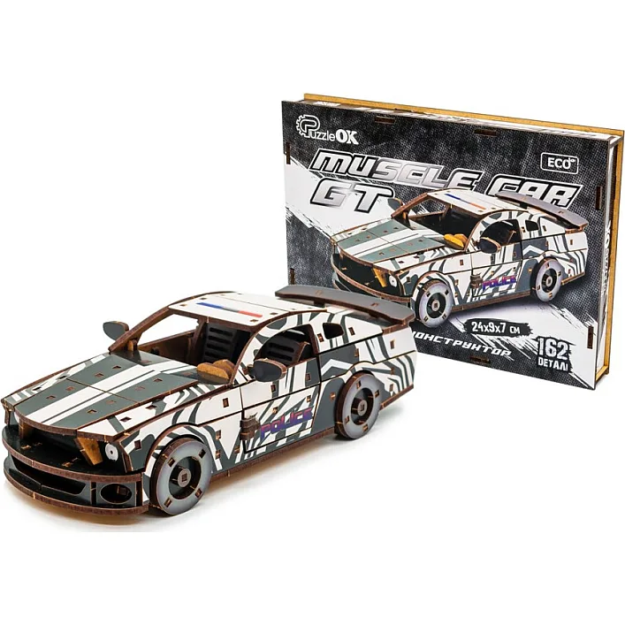Деревянный 3D конструктор "Muscle Car" Puz-00639 162 дет., белый цвет полиция р. модели 24*9*7 см PuzzleOk (Дер6394)