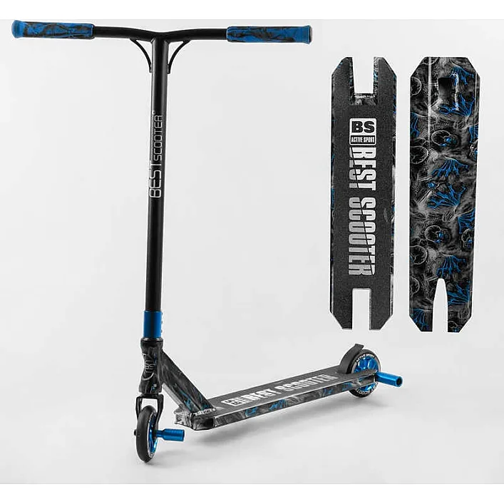 Самокат трюковый Best Scooter BS-77566 (4) HIC-система, ПЕГИ, алюминиевый диск и дека с ПРИНТОМ, колёса PU, d=110мм, ширина руля - 60 см, в коробке