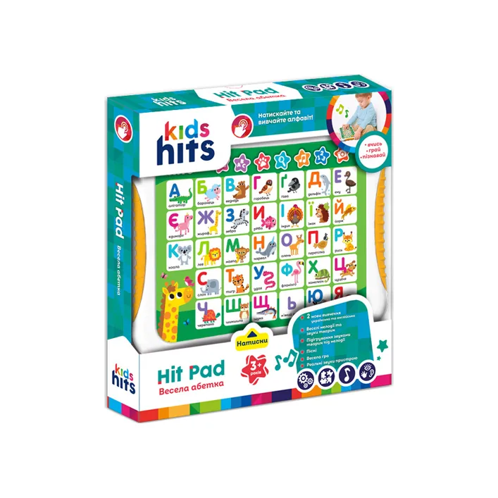 Планшет Kids Hits KH01/003" Весела Абетка" батар. українська та англійська мови навчання, цифри, кольори, фігури, тварини, р-р 24*17,6*2см, короб.25*27*4см (Муз8810)