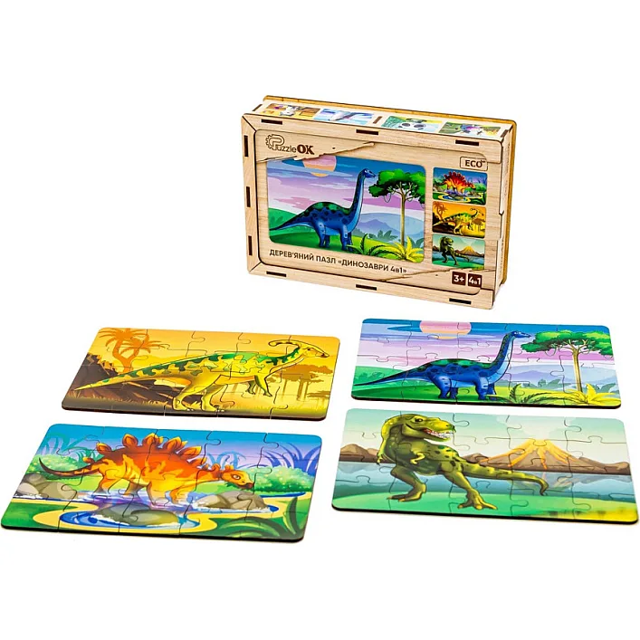 Деревянный пазл 4 в 1 Динозавры 15 элем. в рисунке PuzzleOK (Дер7198)