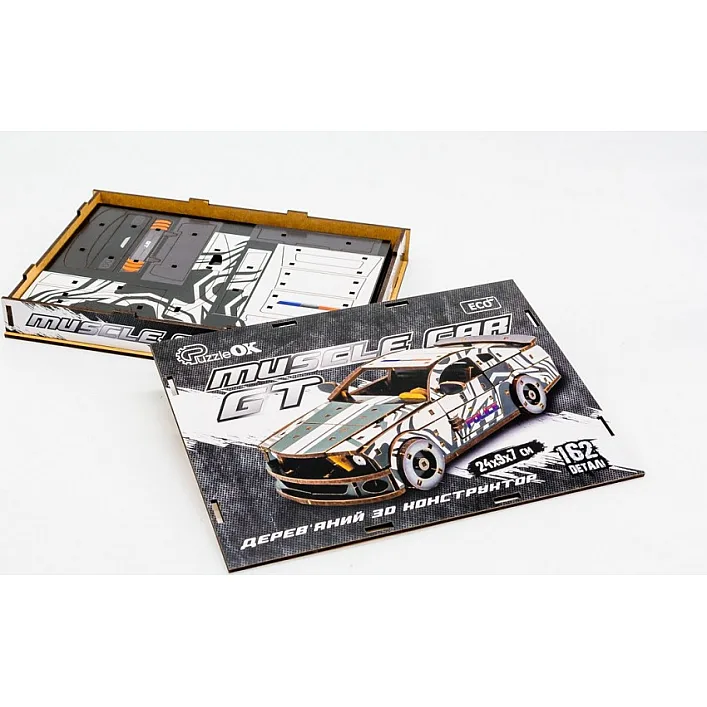 Деревянный 3D конструктор "Muscle Car" Puz-00639 162 дет., белый цвет полиция р. модели 24*9*7 см PuzzleOk (Дер6394)