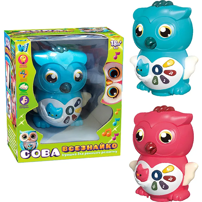 Музична сова 36736 (36/2) "WToys", 2 кольори, ОЗВУЧУВАННЯ УКРАЇНСЬКОЮ МОВОЮ, казки, пісні, загадки, колесо вільного ходу, підсвічування, в коробці