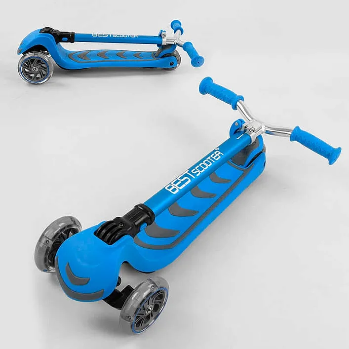 Самокат триколісний Y-00180 (4) Best Scooter, БЛАКИТНИЙ, складне алюмінієве кермо, 4 колеса PU зі світлом, d = 12 см