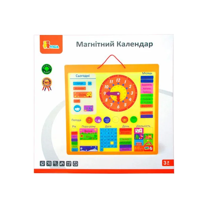 Магнитный календарь Viga Toys с часами на украинском языке (50377U)