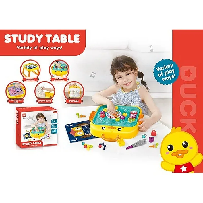 Игровой столик 820 (18) мозаика, доска пиши-вытирай, болтики, отвертка, геометрический сортер, пазл, часы, цифры и математические знаки, в коробке