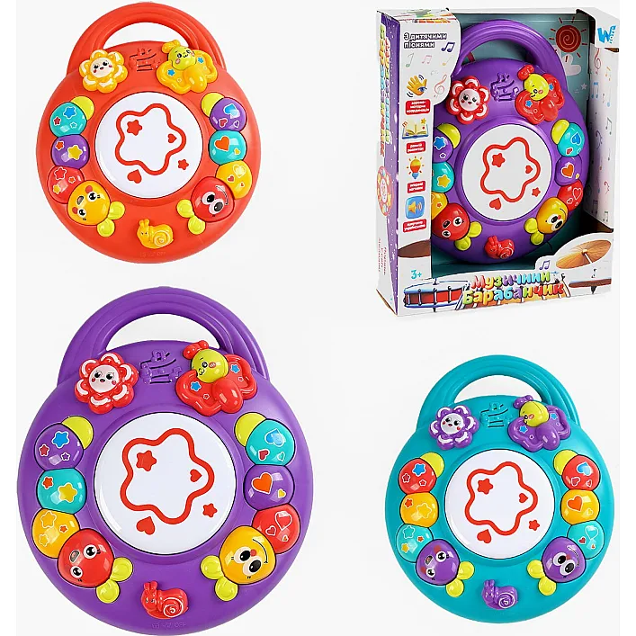 Музичний барабанчик 18317 (36) "WToys", 3 кольори, ОЗВУЧУВАННЯ УКРАЇНСЬКОЮ МОВОЮ, пісні, підсвічування, тріскачка, в коробці, ВИДАЄТЬСЯ ТІЛЬКИ МІКС
