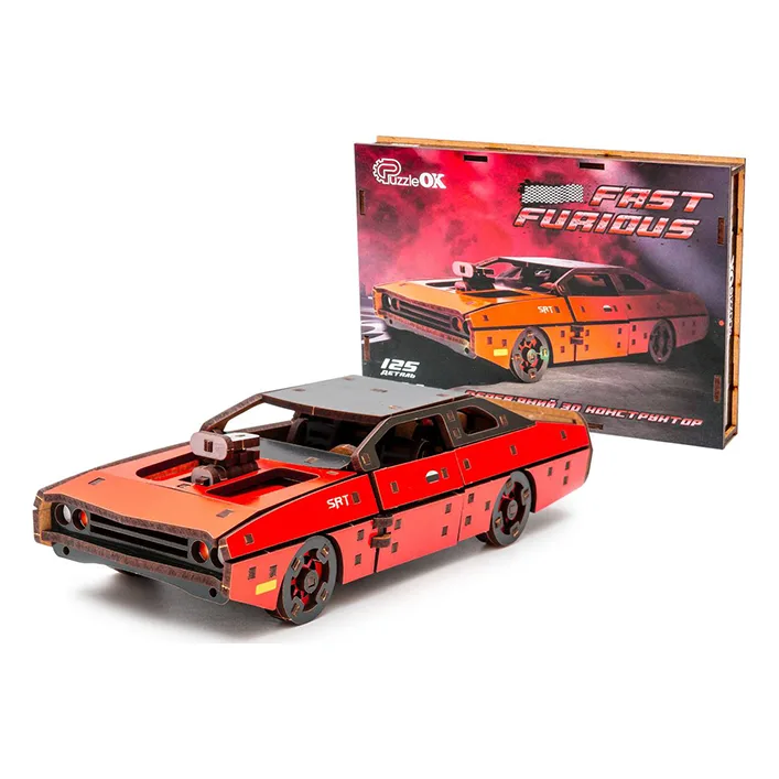 Деревянный 3D конструктор "Fast Furous" Puz-62520 125 дет., красный цвет, р. модели 21*8*5 см PuzzleOk (Дер9625)