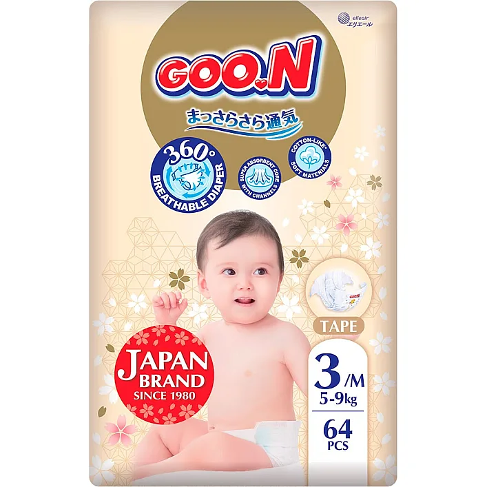 Подгузники Goo.N Premium Soft для детей (размер 3(M), 5-9 кг, 64 шт)