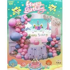 Фотозона из воздушных шаров Happy Birthday- Единорог постер-набор латекс.шарий, шарики с блеском, кисточки, лента-скотч (45 элементов)