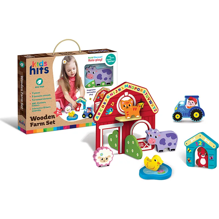 Деревянная игрушка Kids hits, KH20/008, набор блоков Ферма, 11 дет. в коробке р. 34*25,5*3,3 см (Дер9301)