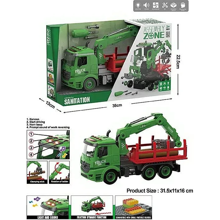 Спецтехника YW 9072 B (24/2) "Лесовоз", звуки, подсветка, конструктор, инерция, отвертка, подвижные детали, в коробке