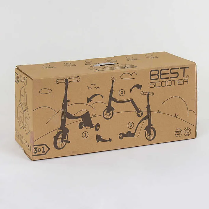 Самокат 3в1 JT 28288 (1) Best Scooter, самокат-велобег-велосипед, КРАСНЫЙ, свет, 8 мелодий, колёса PU, переднее колесо d=20см, задние d=11см
