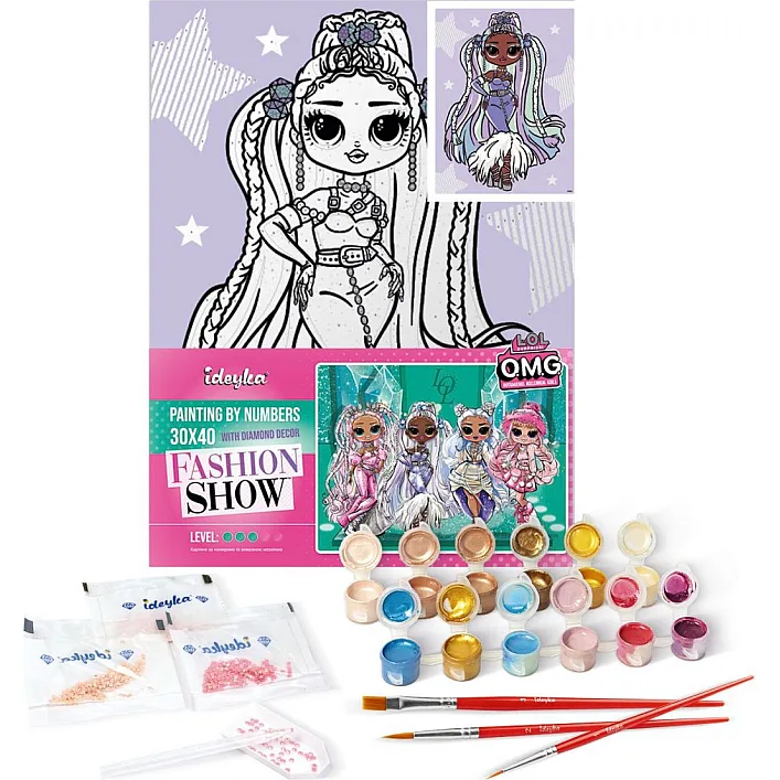 Набір для розпису по номерах для дітей "L.O.L. Surprise! O.M.G. Fashion show Lady Braids" зі стразами 30х40 см. KHO6272 (Нас5273)
