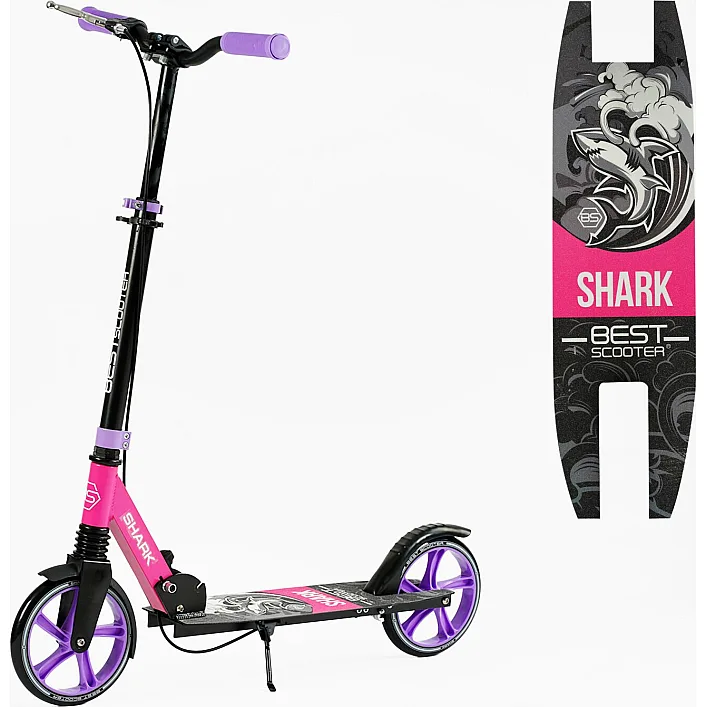 Самокат двухколесный "Best Scooter" SH-30610(4) "SHARK", с ручным тормозом, зажим руля, колеса PU - 20 см, 1 амортизатор, в коробке