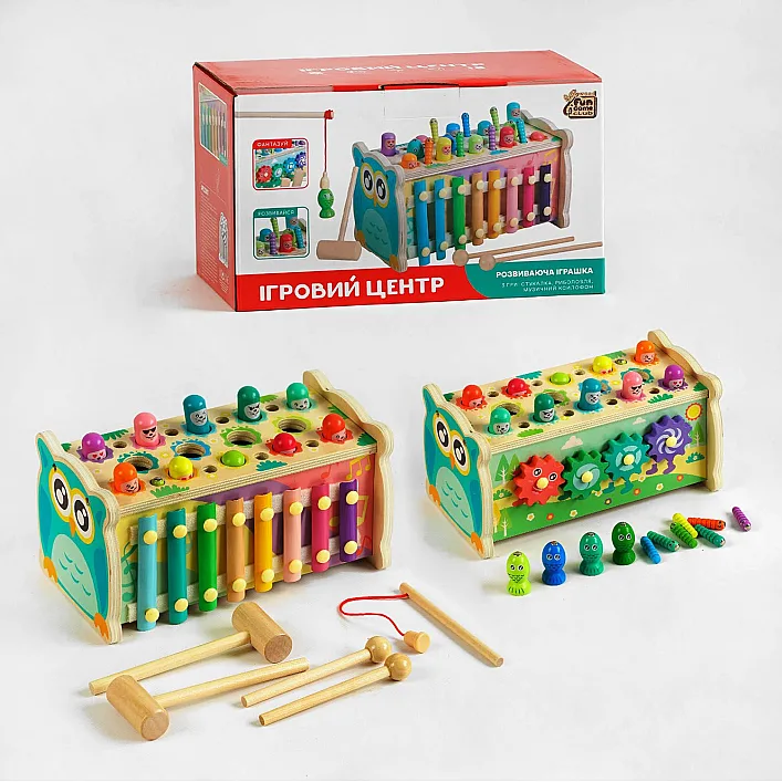 Игровой центр 22657 (24) "4FUN Game Club Wood", ксилофон, магнитная игра, стучалка, шестерни, в коробке