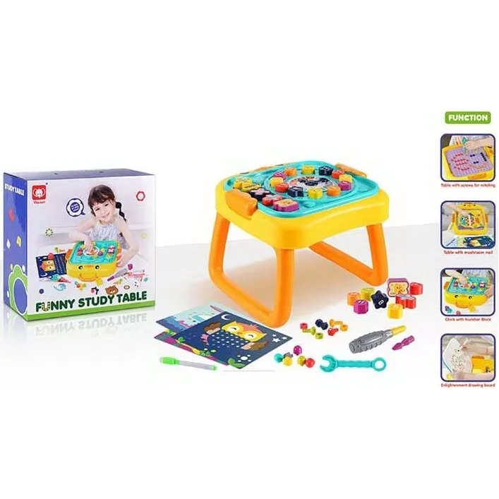 Игровой столик 835 (18) мозаика, доска пиши-вытирай, болтики, отвертка, геометрический сортер, пазл, часы, цифры и математические знаки, в коробке