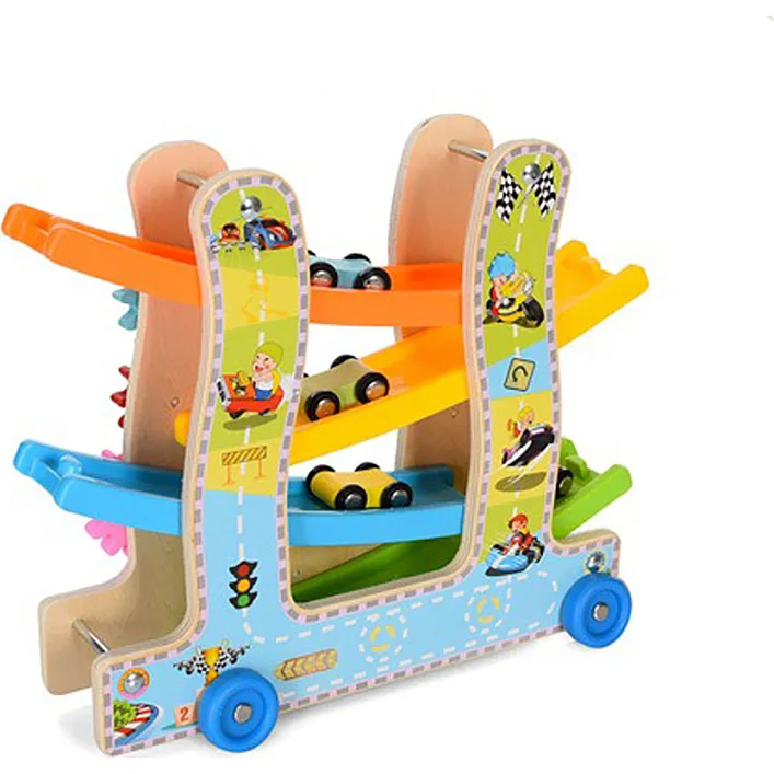 Деревянная игрушка "Трек" MD2594 каталка, машинки 4см 3шт, шестеренки