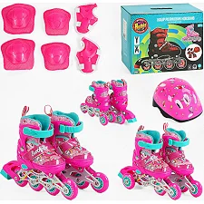 Ролики 10210-XS размер 26-28 (6) цвет РОЗОВЫЙ, колеса PVC, d колес – 6 см, переднее со светом, переставные колеса, шлем, защита, в коробке