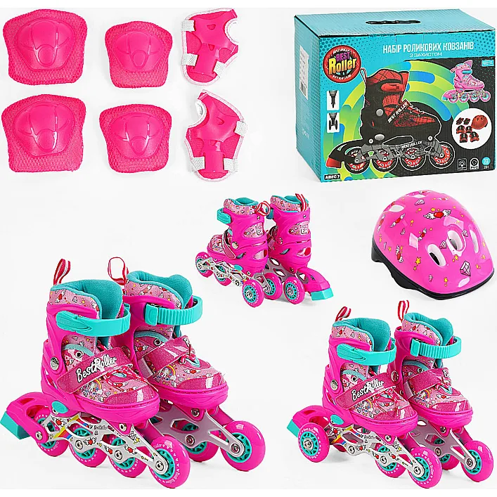 Ролики 10210-XS размер 26-28 (6) цвет РОЗОВЫЙ, колеса PVC, d колес – 6 см, переднее со светом, переставные колеса, шлем, защита, в коробке