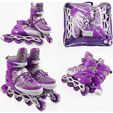 Ролики 95614-L /размер 39-43/ цвет – ФИОЛЕТОВЫЙ (6) колеса PVC, стелька 25-27 см, ПЕРЕДНЕЕ КОЛЕСО СВЕТ, d – 6.5 см, в сумке