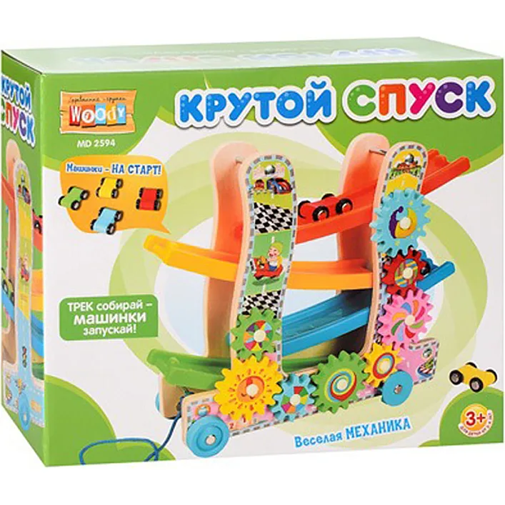 Деревянная игрушка "Трек" MD2594 каталка, машинки 4см 3шт, шестеренки