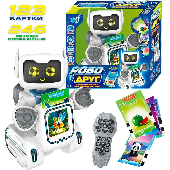Робот-картридер на радіокеруванні “РобоДруг” 89610 (12) "WToys", ОЗВУЧУВАННЯ УКР МОВОЮ, 123 картки, 246 зображень, казки, пісні, історії, сенсорна кно