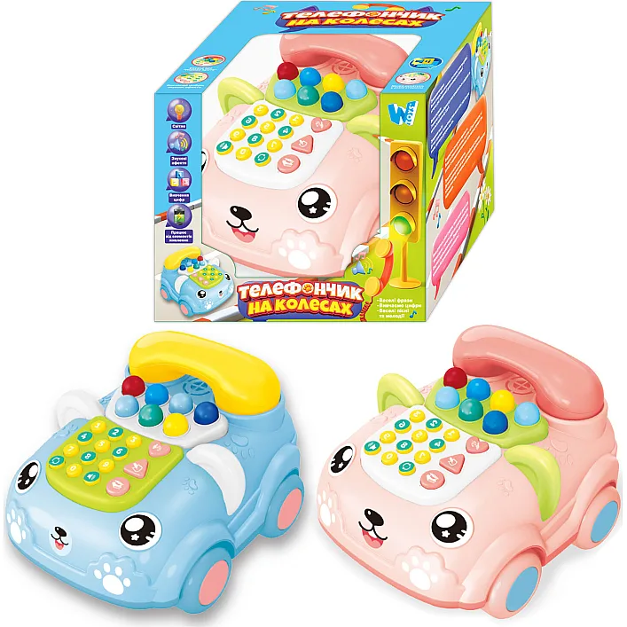 Телефончик на колесах 30708 (36) "WToys", 2 кольори, ОЗВУЧ. УКРАЇНСЬКОЮ МОВОЮ, колесо вільного руху, пісні, цифри, звуки, казки, світло, в коробці