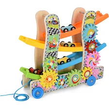 Деревянная игрушка "Трек" MD2594 каталка, машинки 4см 3шт, шестеренки