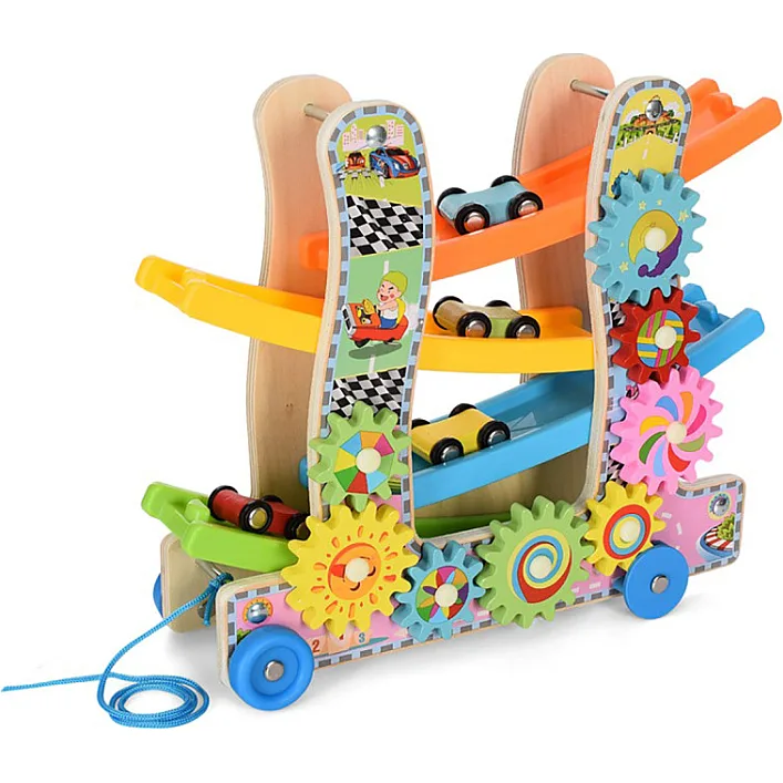 Деревянная игрушка "Трек" MD2594 каталка, машинки 4см 3шт, шестеренки