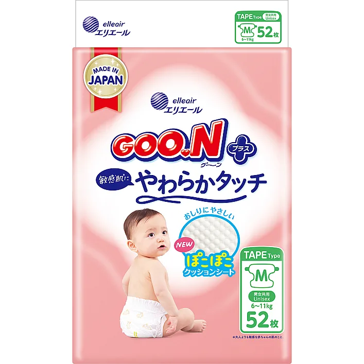 Підгузки GOO.N Plus для дітей 6-11 кг (розмір М, на липучках, унісекс, 52 шт)